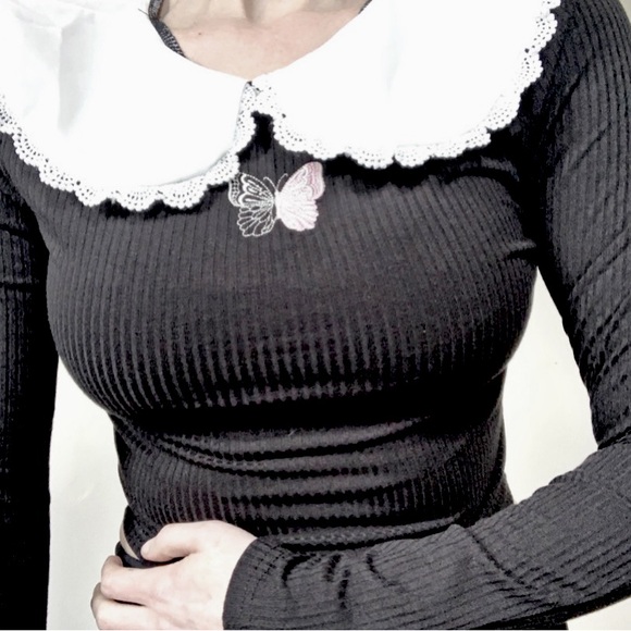 Black Long Sleeve Embroidery Coquette Shirt - Picture 3 of 11